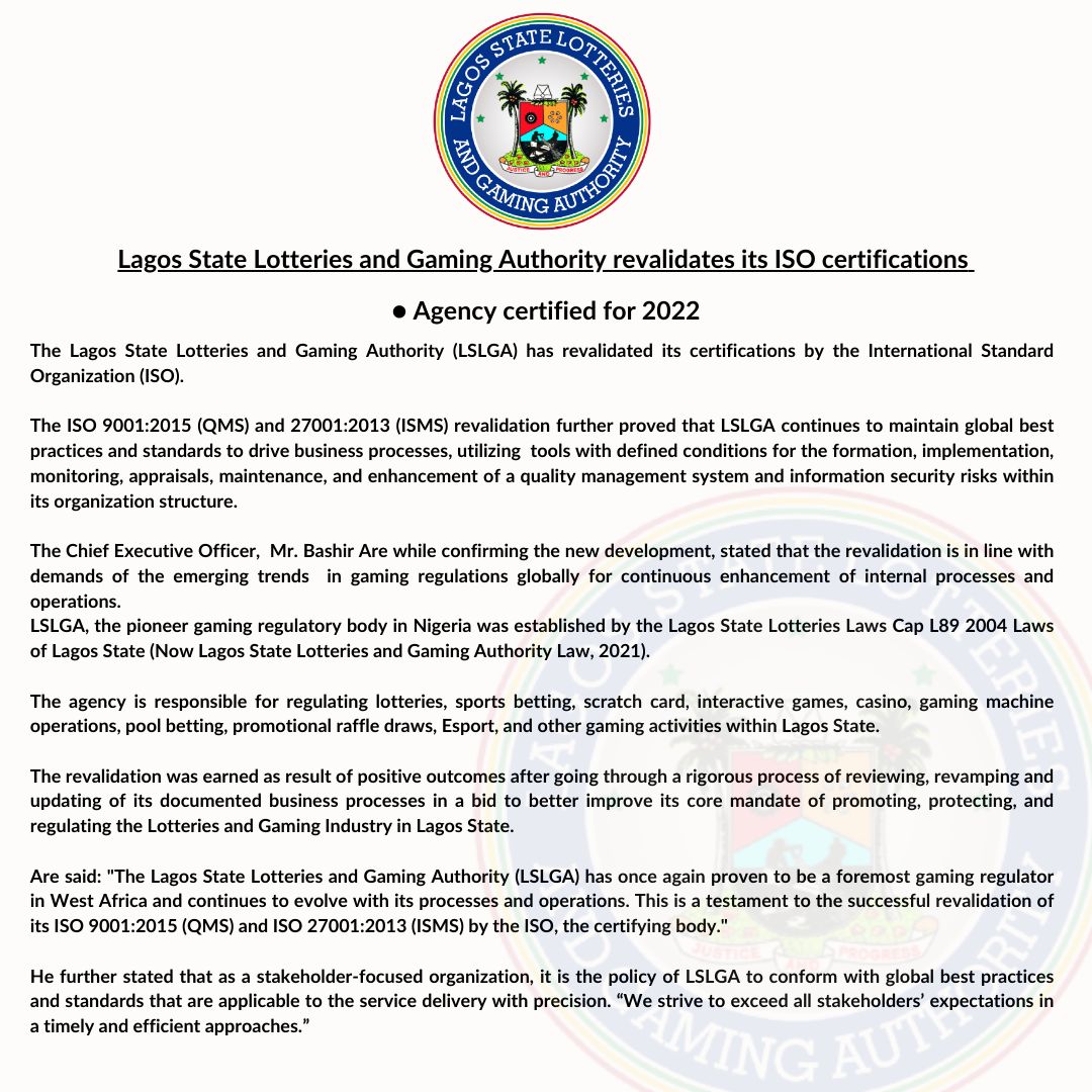 LAGOS STATE LOTTERIES AND GAMING AUTHORITY (LSLGA)Re-validates its ISO Certifications
