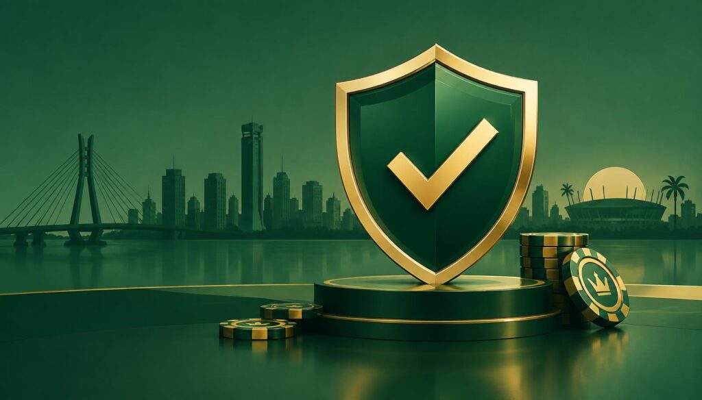 Green and gold shield with a check mark over the Lagos skyline, symbolising an LSLGA licensed gaming operator